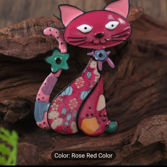 Fashion Jewelry Cat With Flowers Hearts Dropping Oil Metal Brooch Pin, Rose Red - Picture 1 of 3